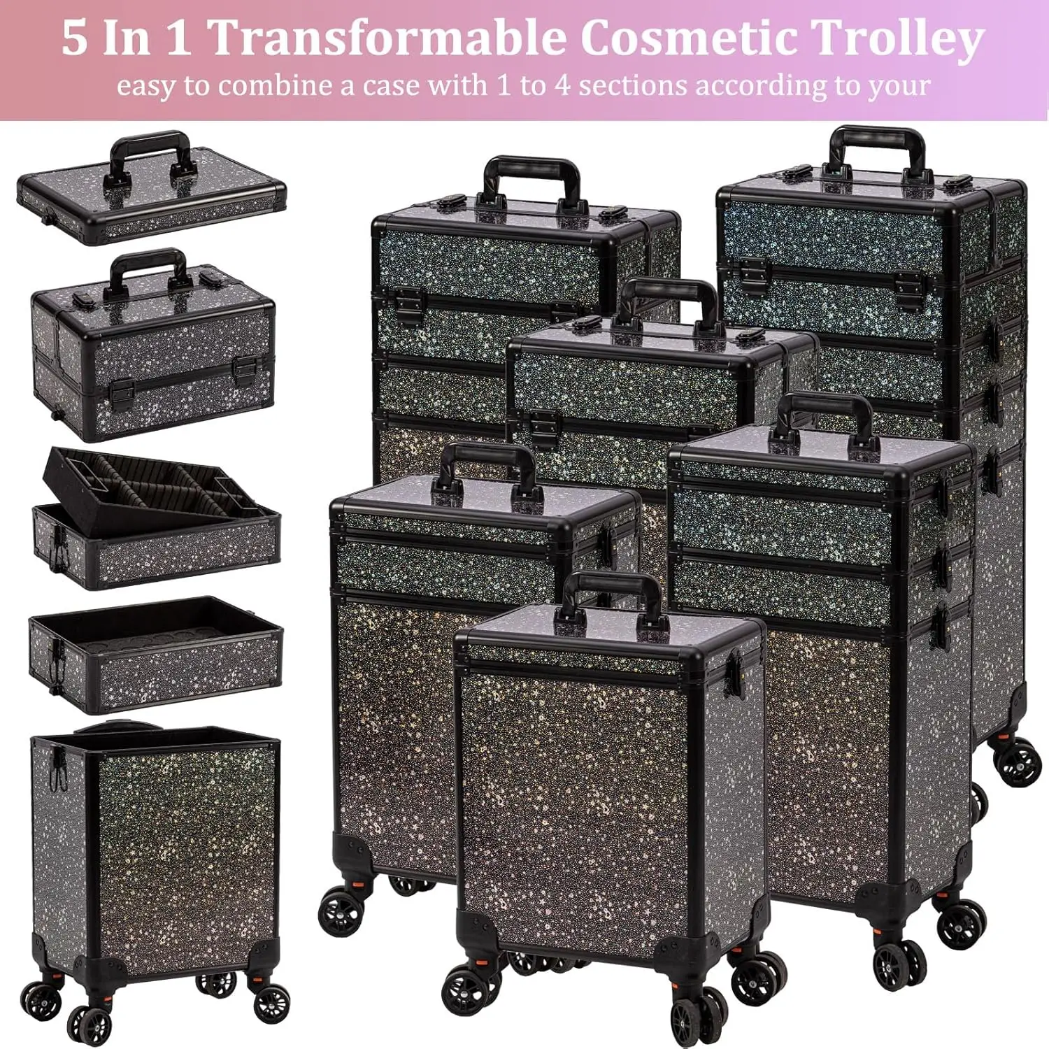 Rolling Makeup Train Case Large Storage Cosmetic Trolley 5 in 1 Large Capacity Trolley Makeup Travel Case with Key Swivel Wheels