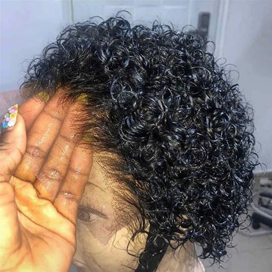 Pixie corte peruca transparente frente do laço peruca de cabelo humano curto kinky encaracolado bob perucas brasileiras onda de água perucas de cabelo humano para mulher