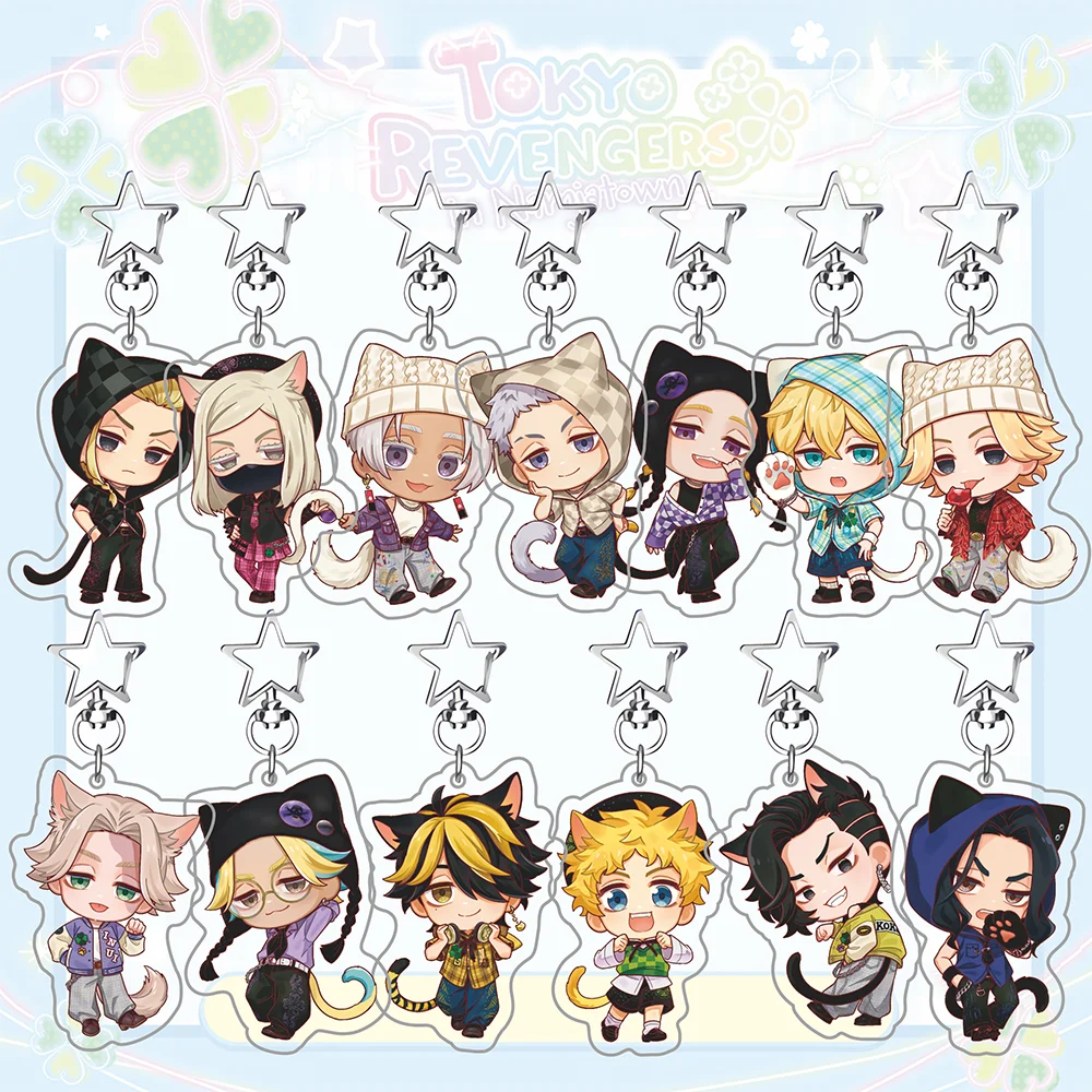 Tokyo Revengers Anime Schlüsselanhänger - Chibi Katzenohren Mikey Draken Chifuyu Baji Acryl-Schlüsselring - Kawaii Nekomimi Taschenanhänger Accessoires