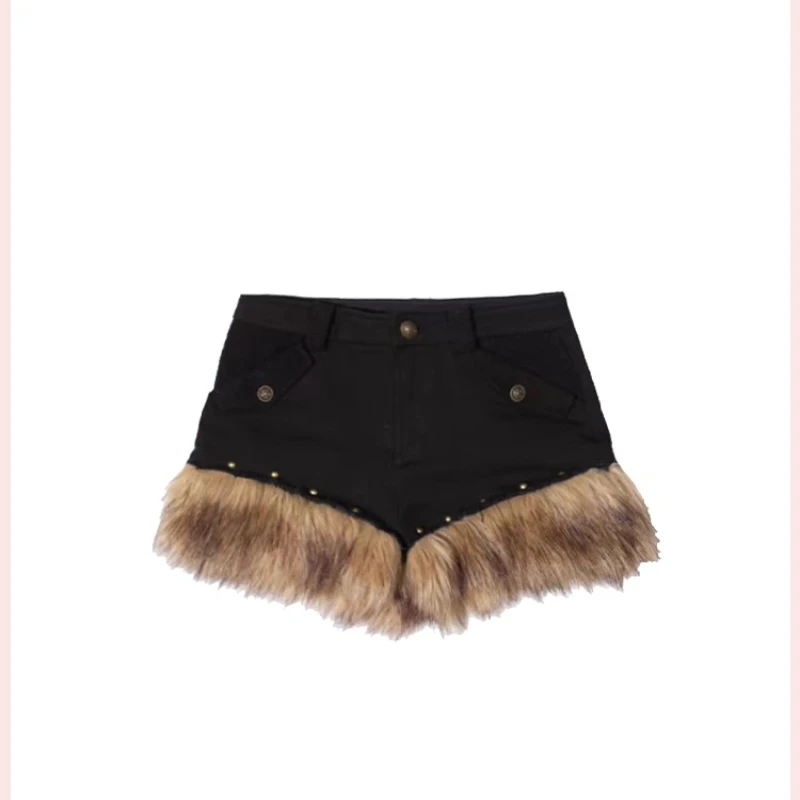 Otoño Invierno nuevo negro chica caliente empalme de felpa artesanía pesada medio pantalones de mujer Punk gótico dulce fresco pantalones cortos versátiles señoras