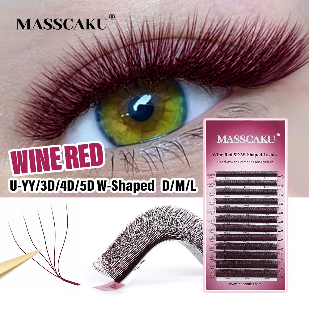 MASSCAKU Burgundy W U Shape Automatic Flowering Lash Extension Wine Red 3D 4D 5D Colored Premade Fans Speed Eyelash Supplies