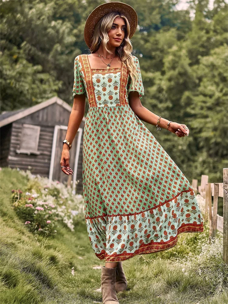 Summer Long Dress Women Bohemian Short Sleeve Dresses Female Vintage Floral Print Maxi Dress Casual Loose Square Neck Vestidos