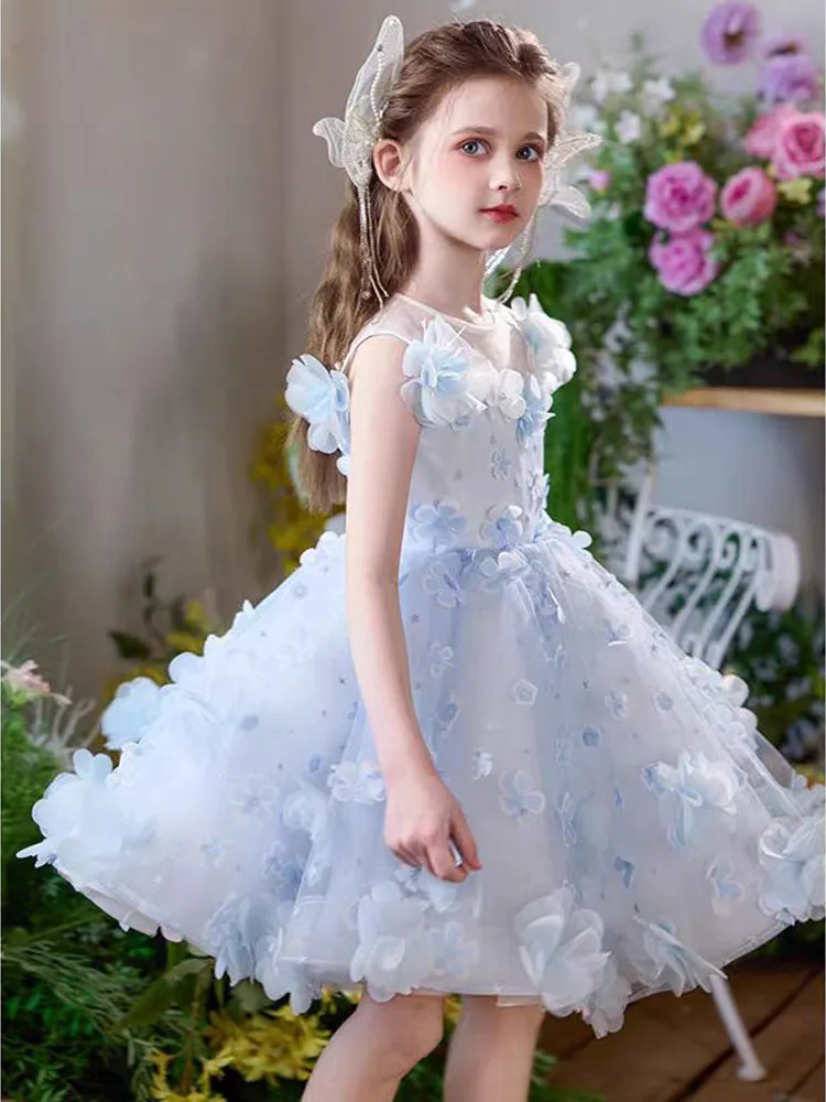Custom Luxury Dress Female Wedding Guest Gown Girls Cap Sleeve 3D Floral Short Tulle Gown Luxurious Birthday Outfit For Pageant