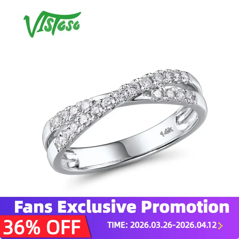 

VISTOSO Pure 14K 585 White Gold Rings For Women Sparkling Diamond Cross Twine Ring Promise Engagement Anniversary Fine Jewelry