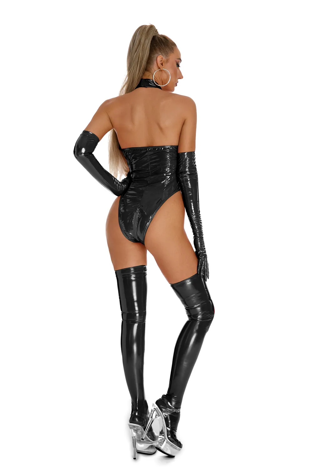 Women Sexy Lace up Lingerie Bodysuit Patent Leather Mock Neck Body Suit Glossy Zipper Catsuit for Club Pole Dancing Full Set