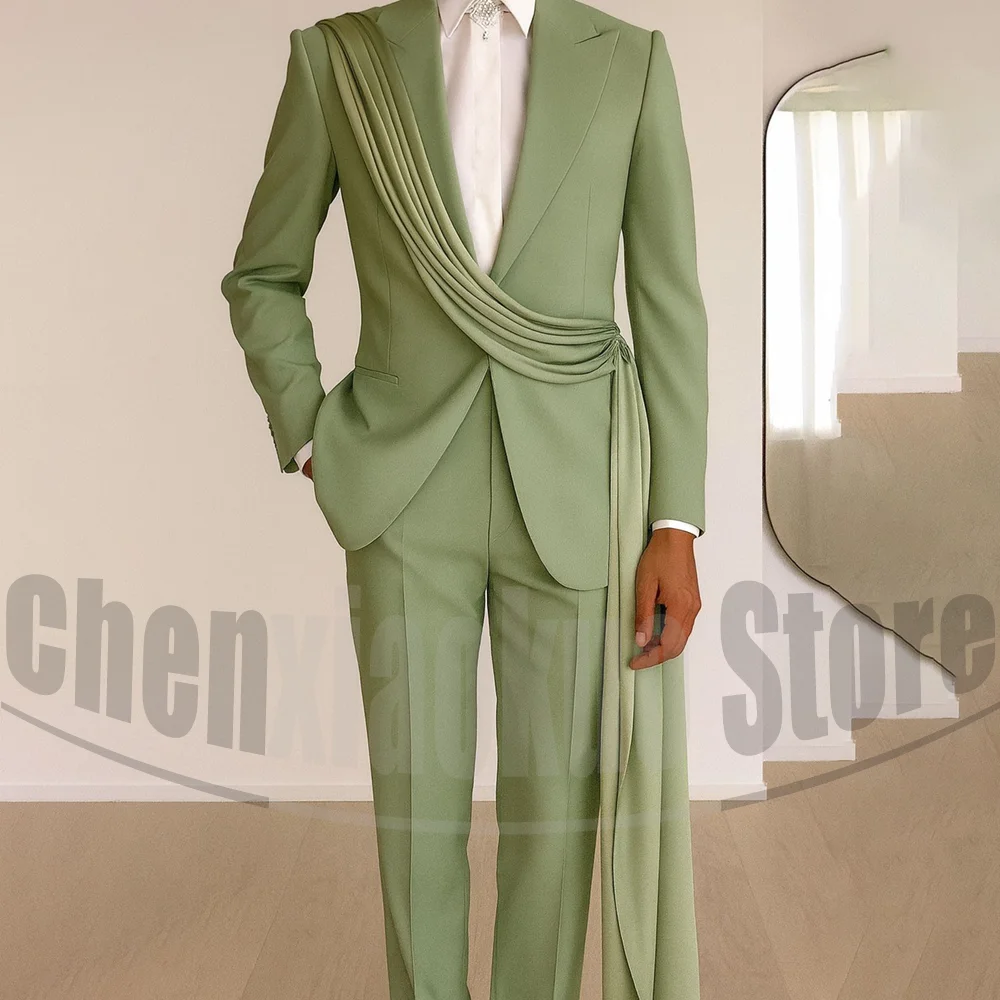 Fashion Men's Suit with Drape Detail Peak Lapel Blazer and Pants Chic Smart Casual Formal Wedding Party Prom Tuxedo 2 Piece