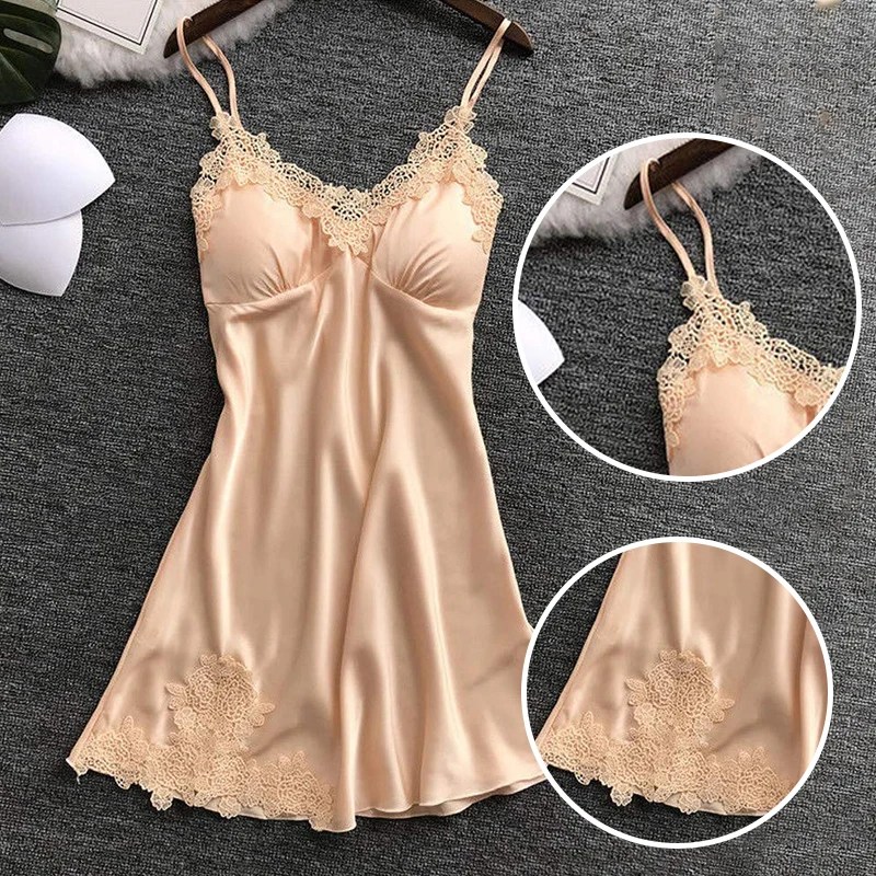 Women\'s Sexy Satin Sleeveless Embroidered V-Neck Italian Noodle Strap Lace Flower Women\'s Sexy Dresses And Pajama Sets