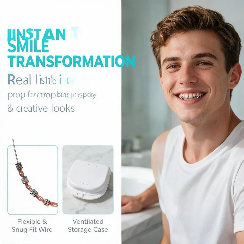 1Pair Braces with Braces Box Colorful Tooth Decoration with Metal Wires Metal Bracket Orthodontic Ligature Ties Send Storage Box