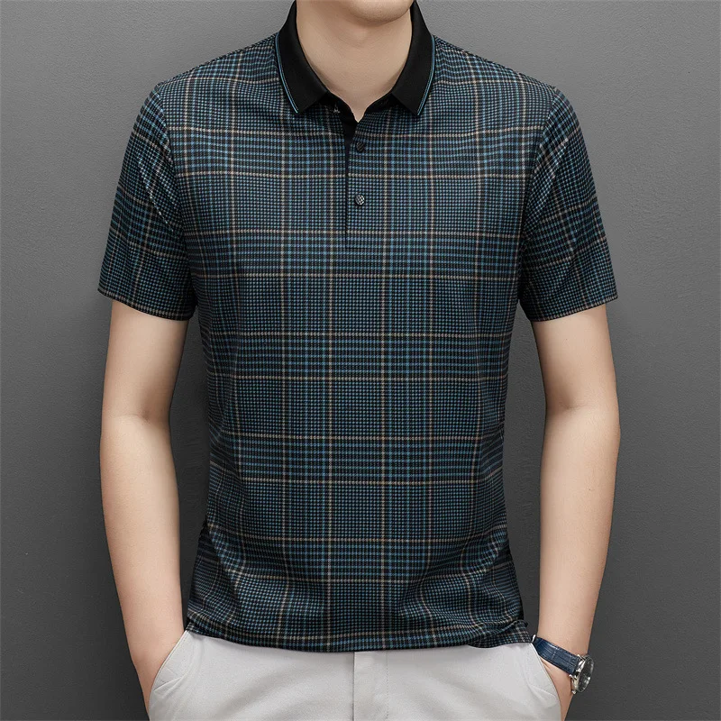 

Spring and Summer Men's Plaid Short-Sleeved Polo Shirt Soft Nuo Feel Business Casual Brocade Ammonia Stretch