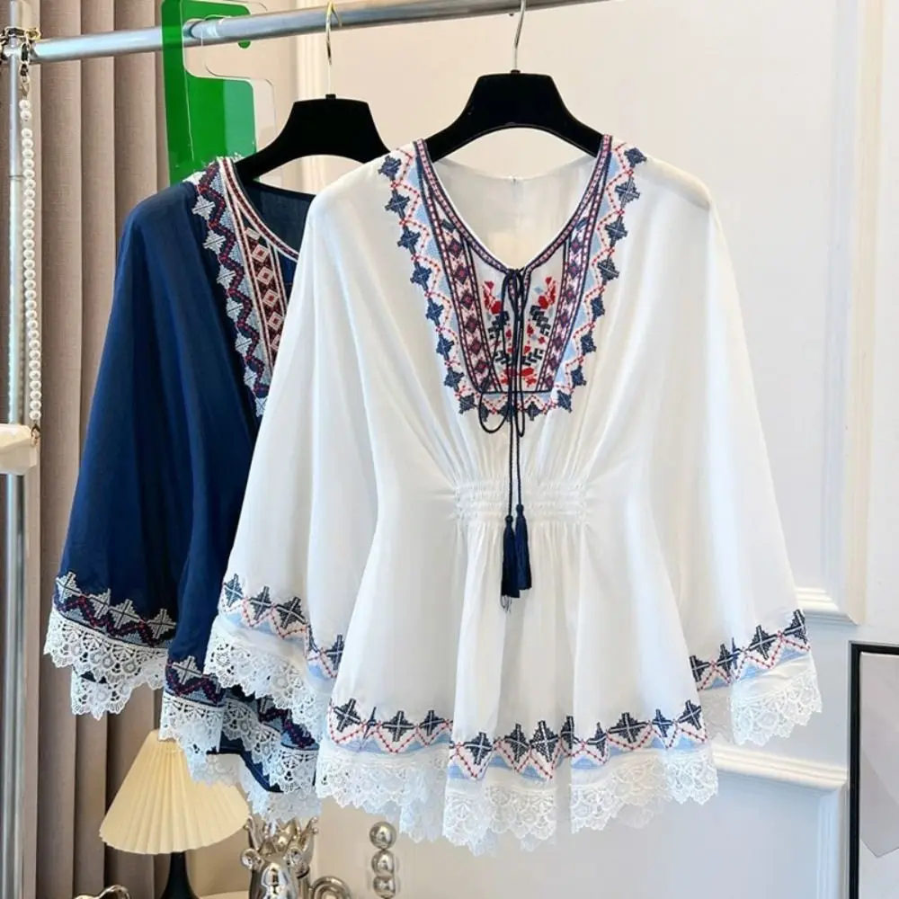 

Lace-up Tassel Bohemian Style T-shirt Embroidery Round Neck Short Sleeve T Shirt High Waist Blouses Ethnic Style Tops Women
