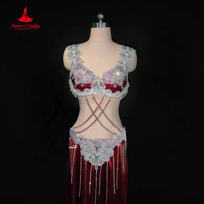 Belly Dancer Costume Set Women Female Children Customsized AB Stones Bra+satin Split Skirt 2pcs Belly Dancing Competitoin Suit