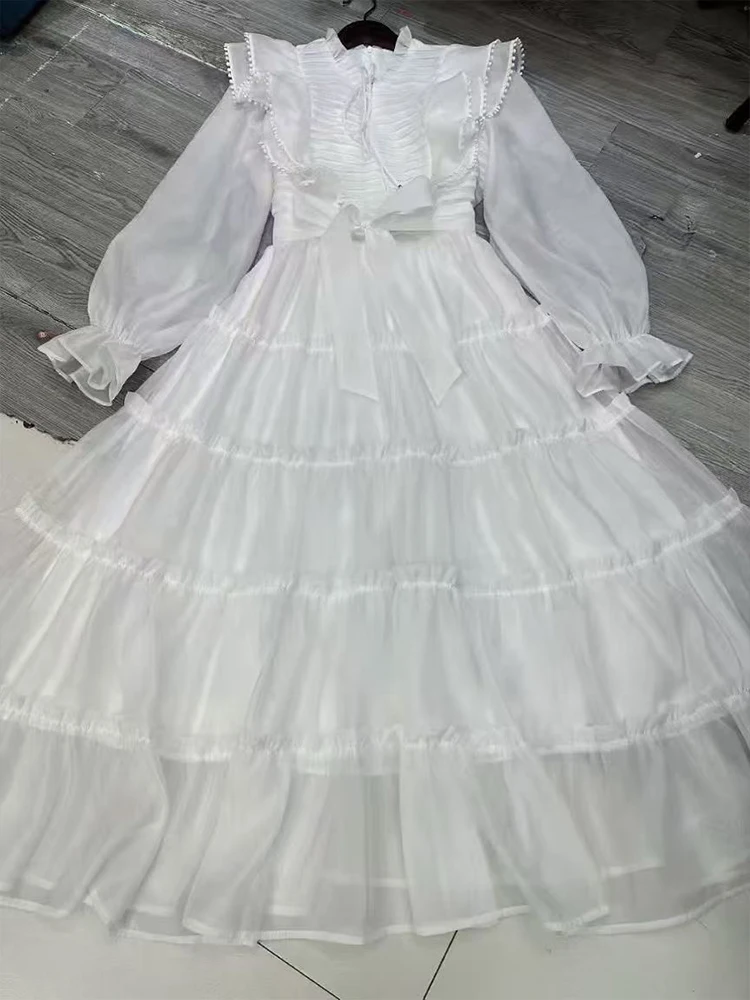 

Spring 2025 women's new court style embroidered single-breasted lantern sleeve dress with waist A-line skirt fashion dress