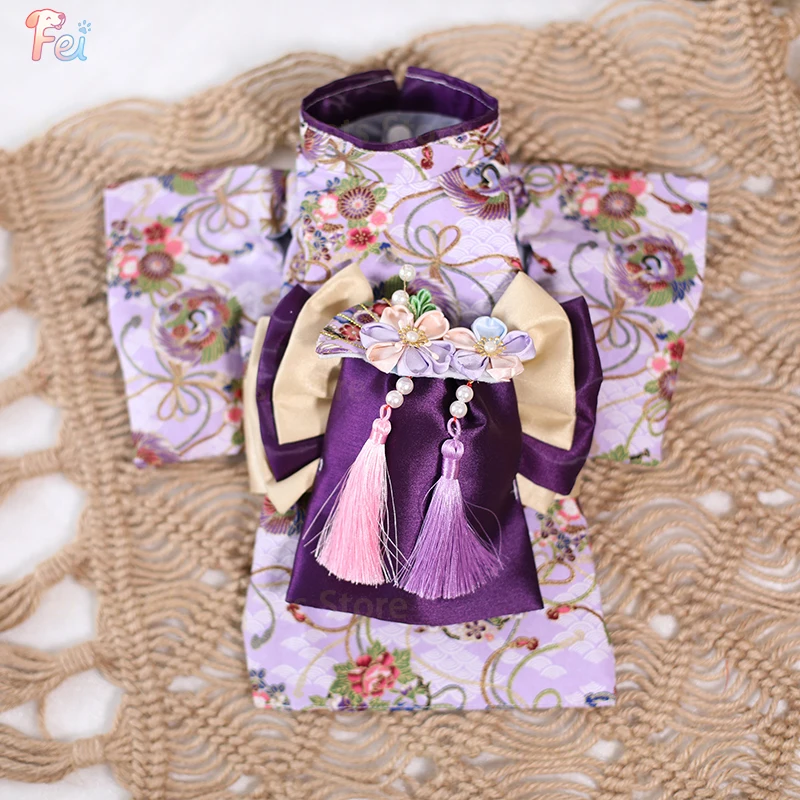 

High - Quality Custom Pet Kimono Dog Clothes, Light Purple Traditional Costume for Small Pets, Exquisite Handmade Apparel