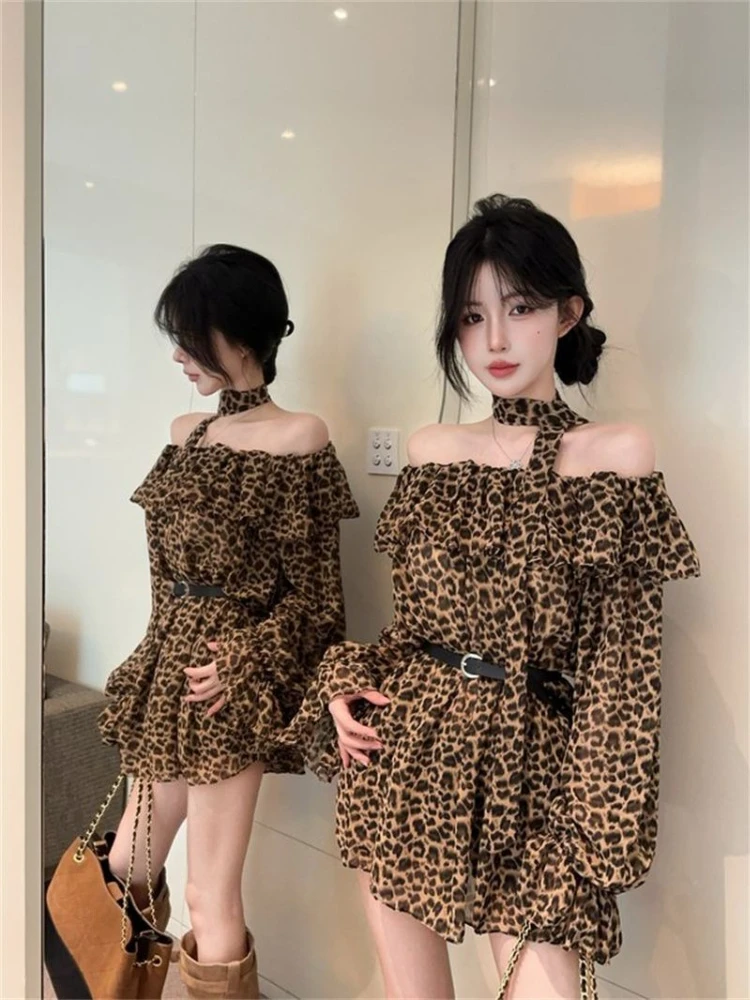

Women's Leopard Print One Shoulder Tie Long Sleeve Chiffon Blouse Autumn Loose Slim Mid Length Shirt Casual Top