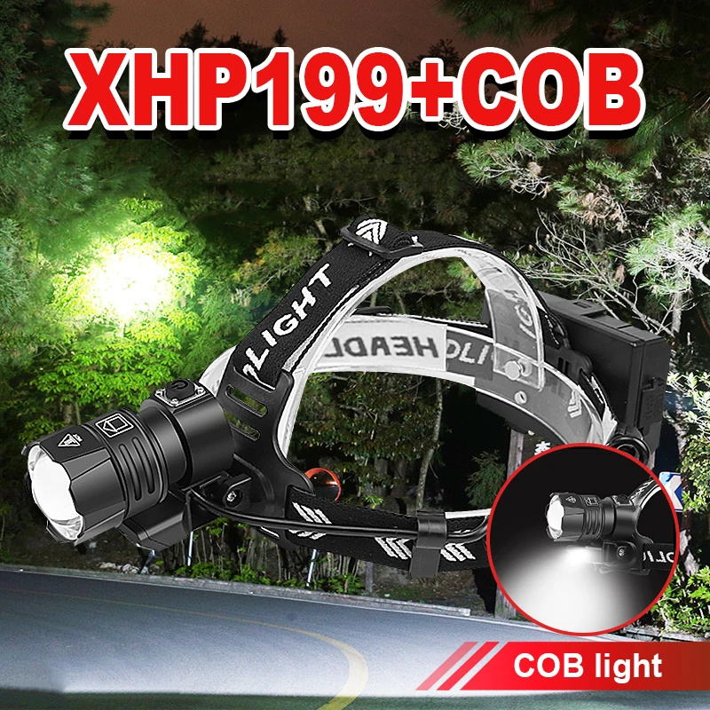 2022 Newest Upgrade XHP199 Powerful Headlamp Headlight 18650 High Power Head Flashlight XHP160 USB Rechargeable Head Lamp Lights