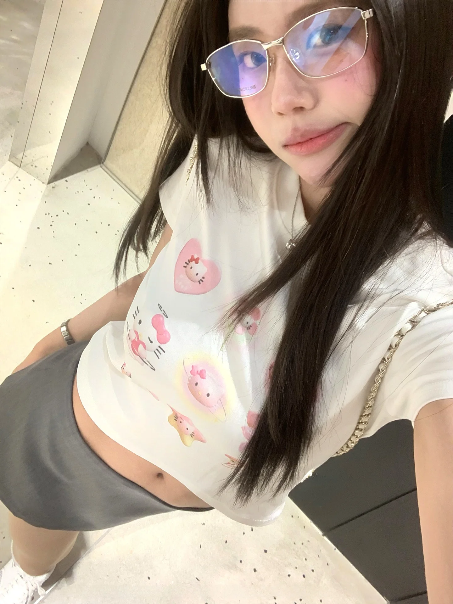 

Cute Kit Print ort Sve Slim Fit Par T-irt Women's Faion Cotton Polyester Blend round Ne ort Length Top