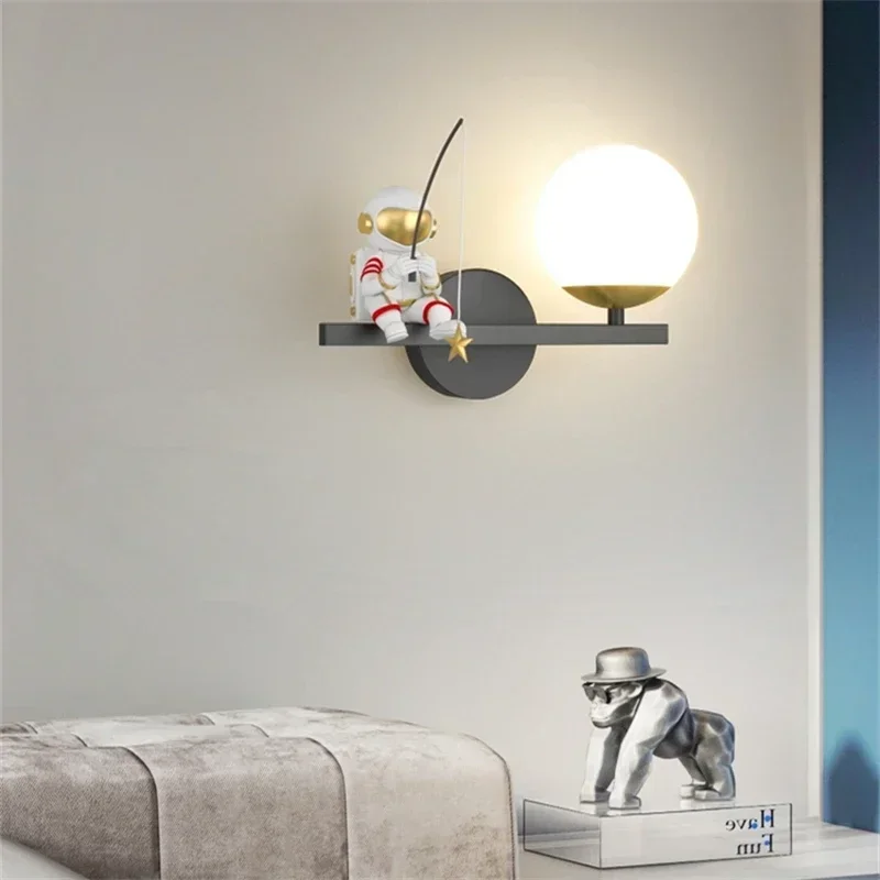 Modern Home Children's Moon Cartoon Background Wall Lighting Minimalist Creative Astronaut Bedroom Bedside Sconce Lamps for Room