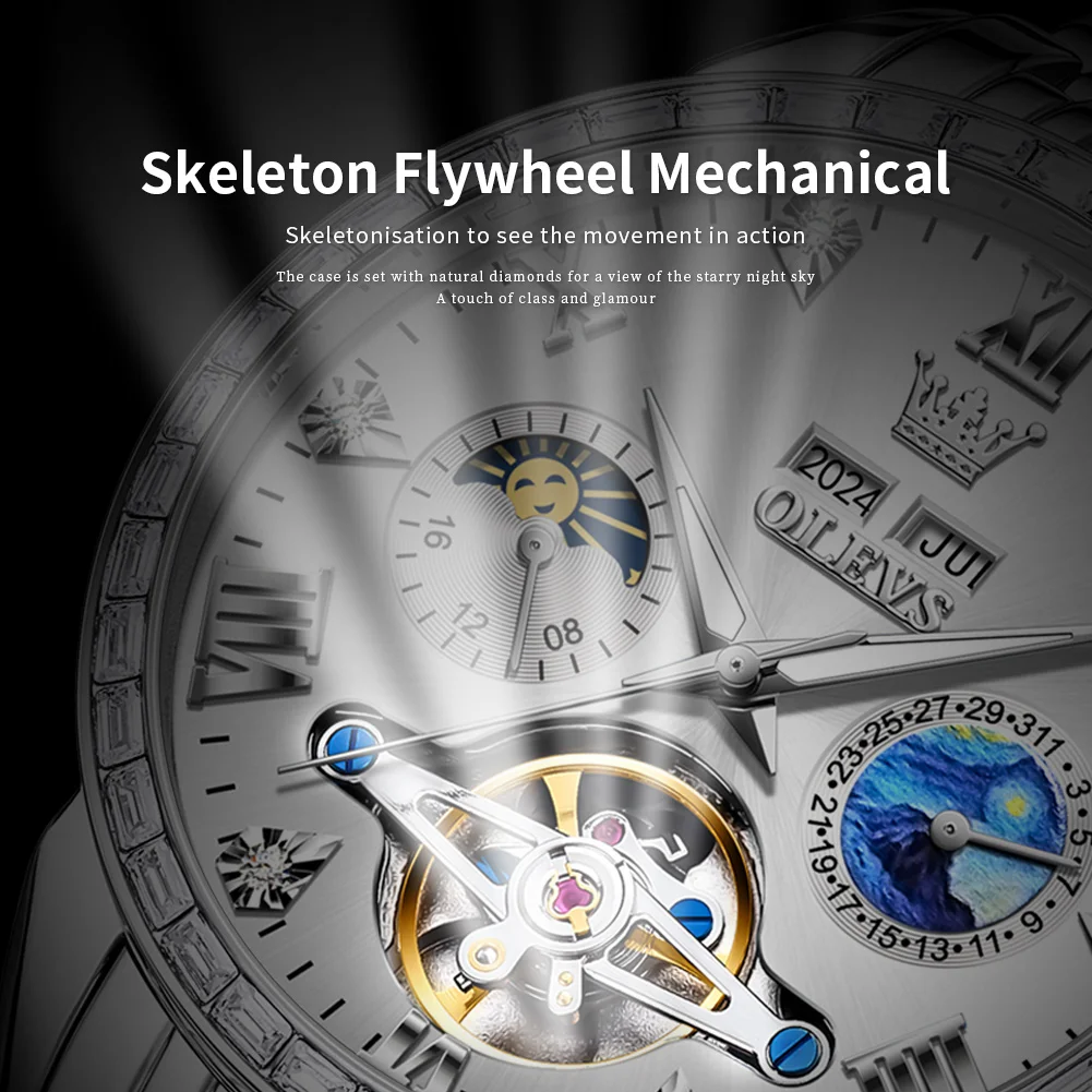 OLEVS 6712 Automatic Man Watch Luxury Skeleton Flywheel Dual Calendar Moon Phase Waterproof Diamond Bezel Mechanical Watches Men