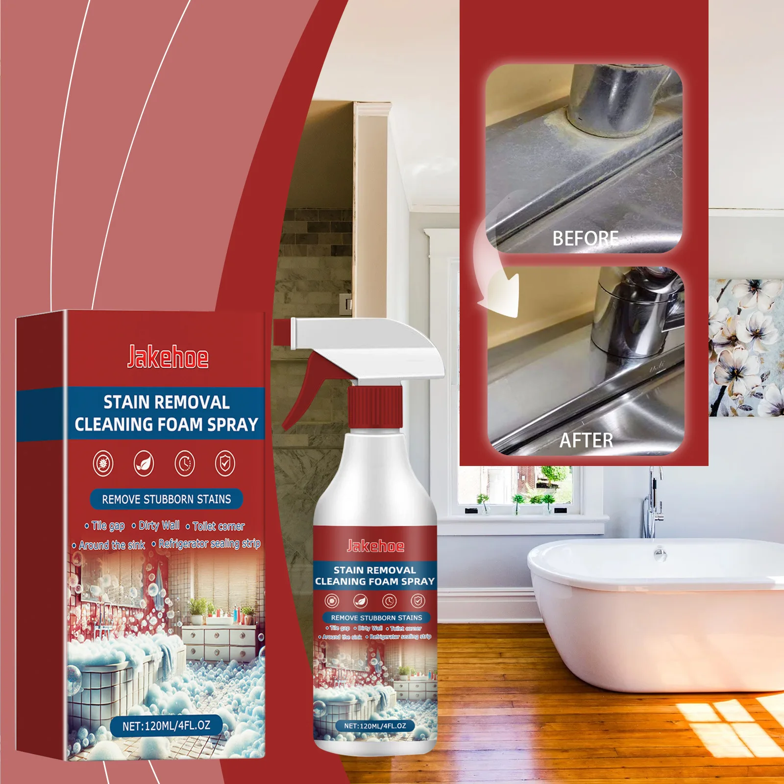 

120ml Bathroom Foam Cleaner Spray - Remove Stains From Toilet Sink Tiles - Helps Prevent Odors & Keeps Surfaces Fresh