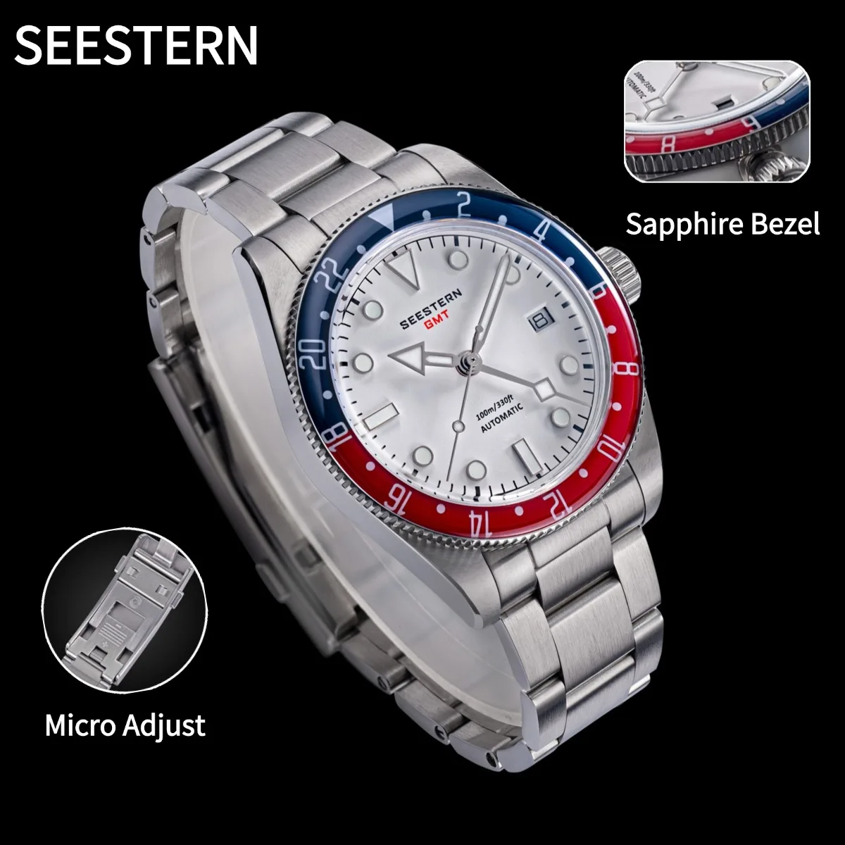 SEESTERN New Luxury Mens Automatic GMT Watch SL3032 316L Steel Sapphire 100M Waterproof Transparent Back Wristwatch S478