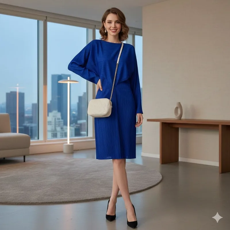 

Плиссированное платье Miyake 2026: Новинка, модное, интеллектуальное, элегантное, ветроносящееся, синее, женское, с длинным рукавом, приталенное, стройнящее, с изящным силуэтом