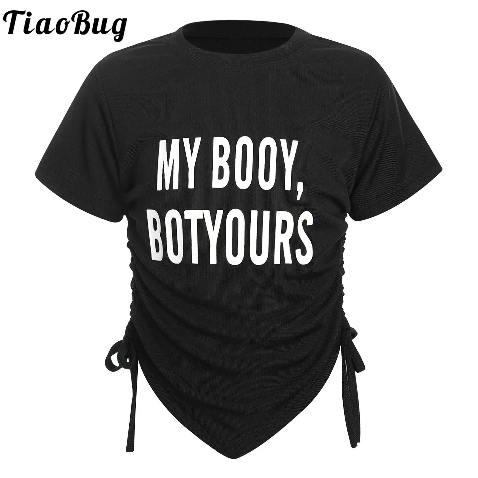 Kids Girls Fashion Drawstring Crop Top Letter Print Irregular Hem Tops Dance Clothings Casual Round Neck Short Sleeve T-shirt