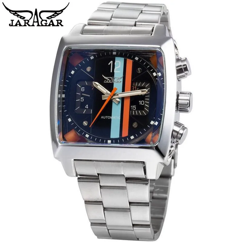 

Jaragar 6569 Mens Automatic Mechanical Watch Retro Square Design Date Week Display Waterproof Stainless Steel Strap