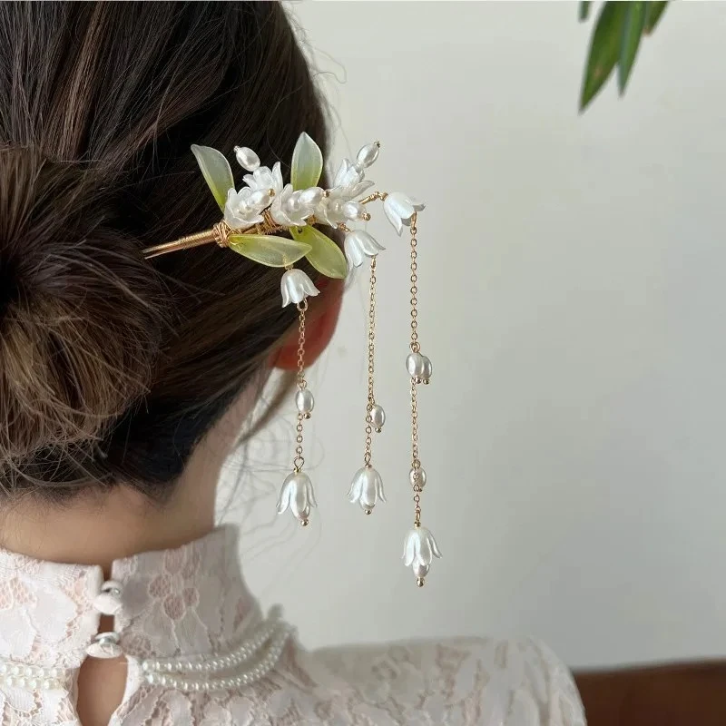 2024 New Pearl Bell Orchid Flower Tassel Hair Pin Vintage Ponytail Headdress Styling Tool Girls Hair Grips Gift Hair Accessories