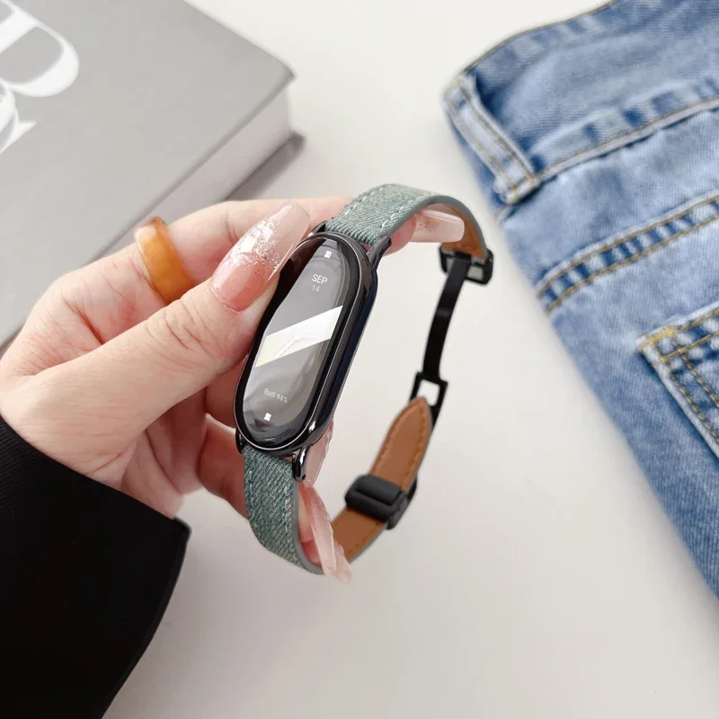 Korean Denim Canvas Leather Strap for Xiaomi Mi Band 6 5 7 8 Replacement Wristband for MiBand 8 7 Magnetic Bracelet Accessories