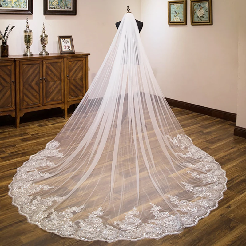 

Cathedral Length Bridal Veil 1 Layer 3M Width Lace Veil with Metal Comb White Ivory New Pattern for Wedding Real Photo