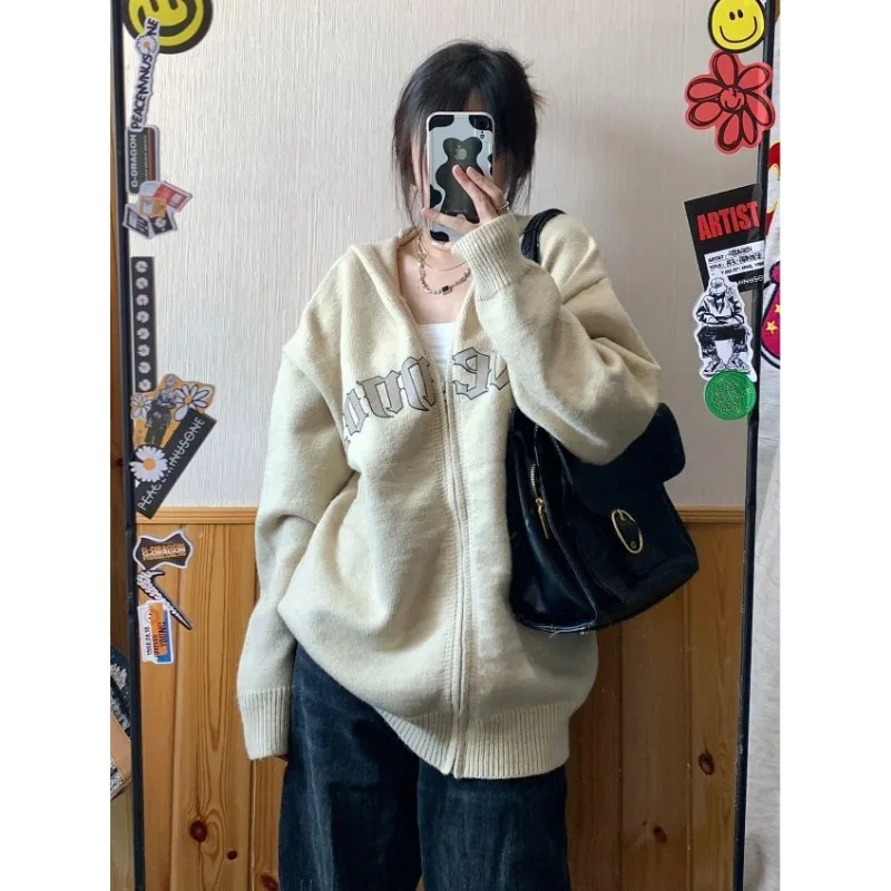 Deeptown Vintage Zippper Cardigan Women Korean Fashion Oversized Long Knit Sweater Aesthetic Harajuku Winter Long Sleeve Jumper