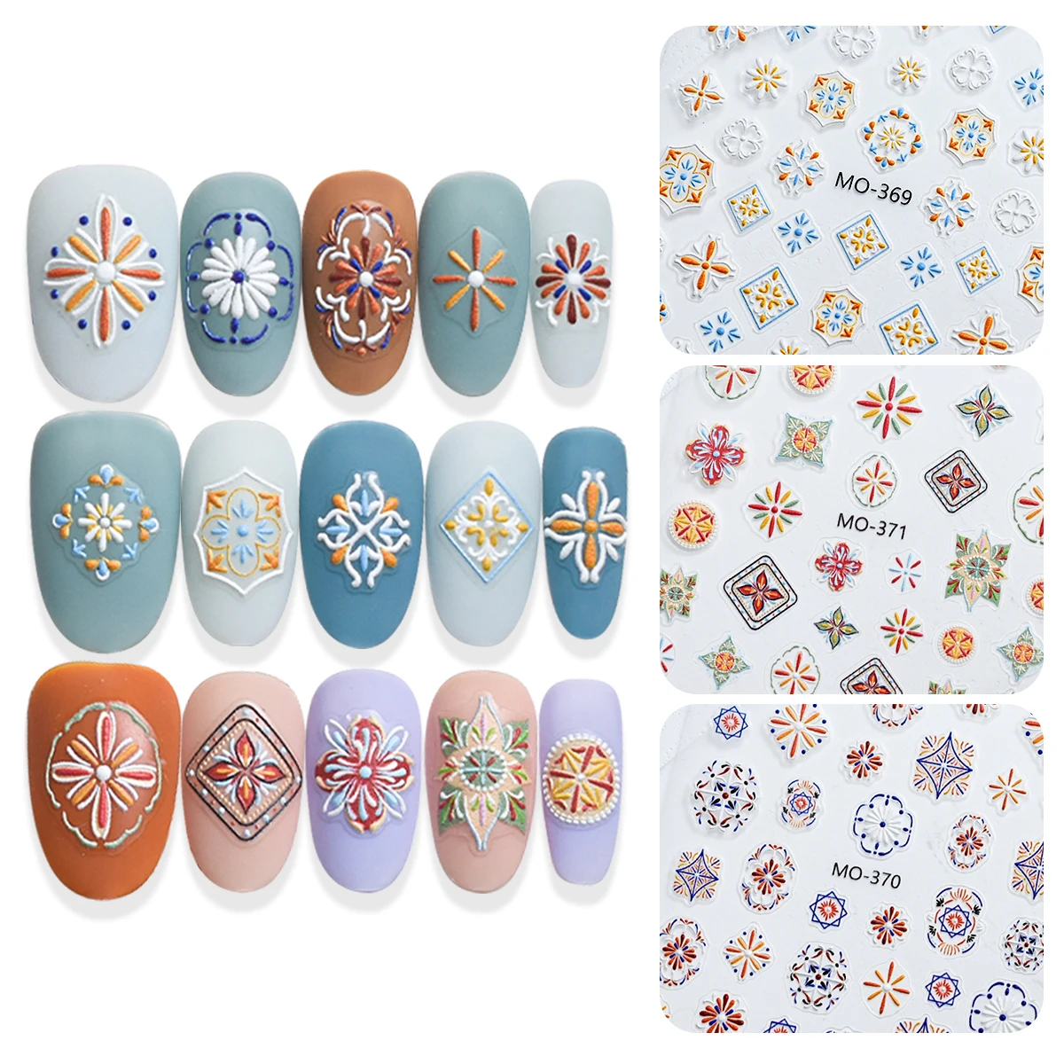 1pc Retro Style Bohemia Nail Art Stickers Sweet Florals Decals Abstract Design Blue Yellow Flower Self Adhesive Nail Decal