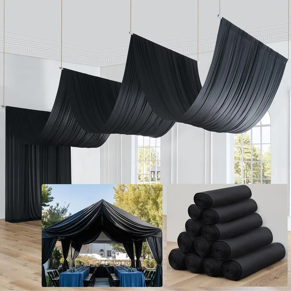 

Black Ceiling Drapes for Weddings Parties,10 Panels 540ft Long Ceiling Curtain for Tent Canopy,Wrinkle Free Silk Easy to Drapin