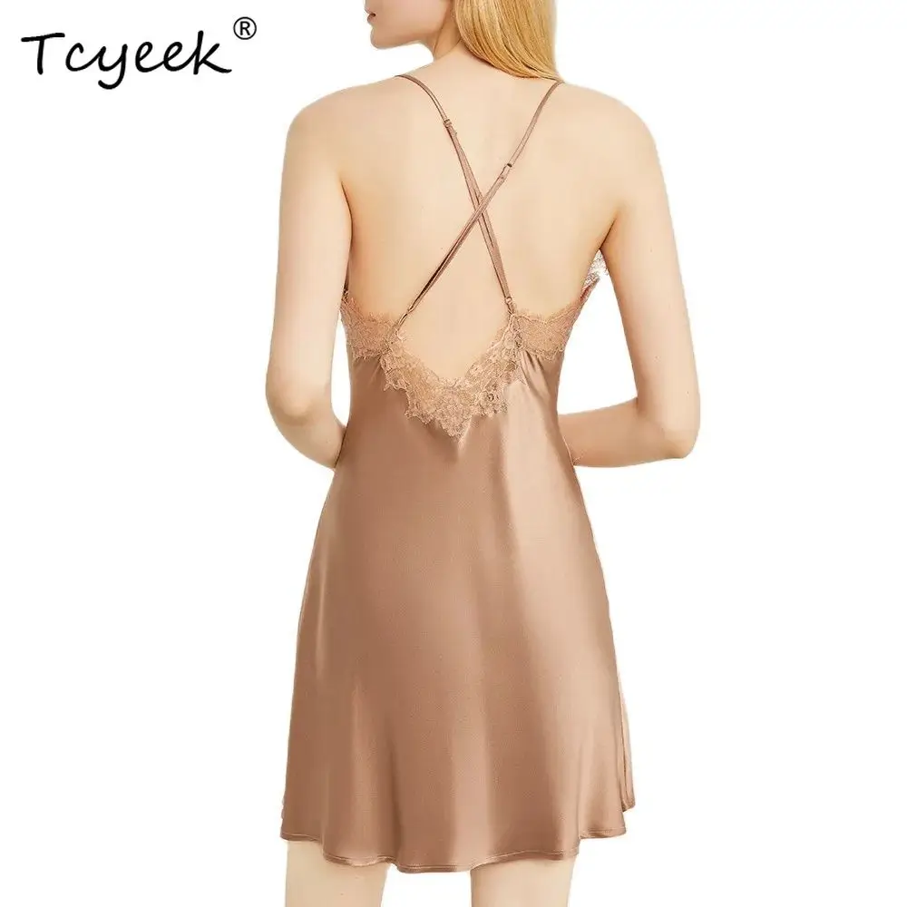 Tcyeek, 19 มม.100% ผ้าไหม Sleeping Robe ชุดสลิง,เซ็กซี่ผู้หญิงเย็บปักถักร้อย,Chic Night-Robe ชุด, 2024 ฤดูร้อนฤดูใบไม้ร่วง S48071QC