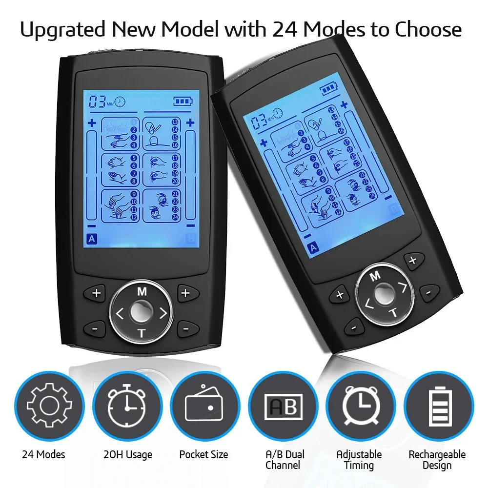 TENS EMS Muscle Stimulator 24 Modes LCD Display Electric Pulse Massager Mild Vibration Portable Neck Back Full Body Care Tool