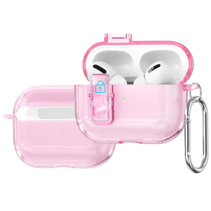 

For AirPods Pro3 2025 Pro2 4 Case Pure Color Transparent Safty Lock Switch with Hook Earphone Protective Sleeve TPU Cover Funda