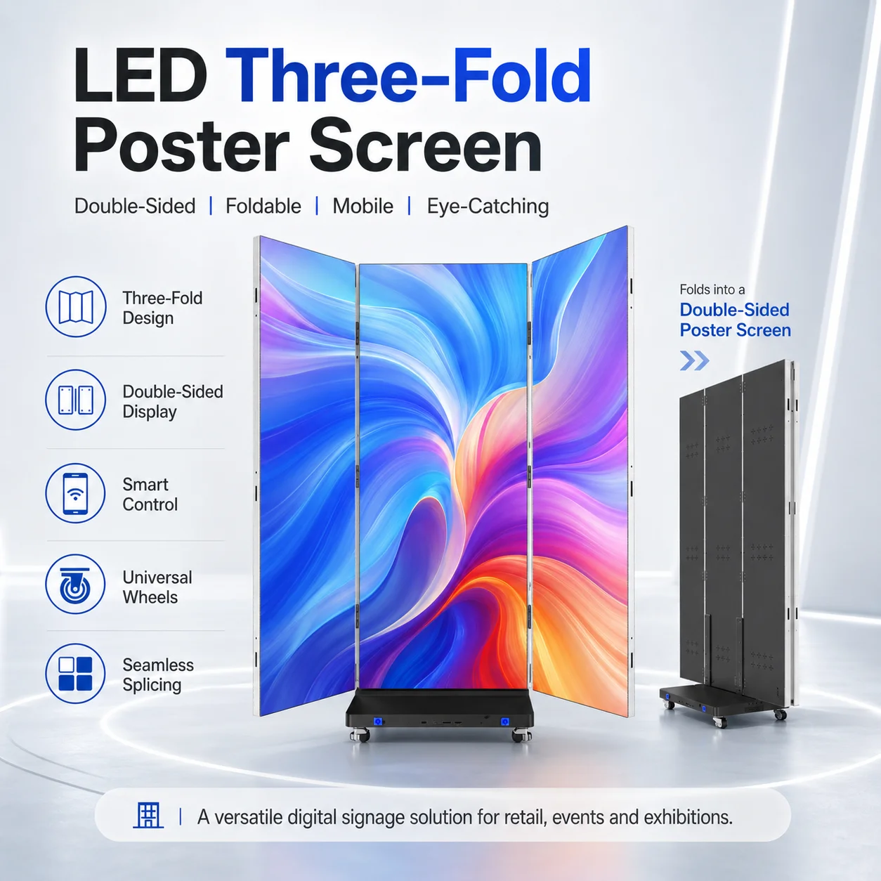 Double Sided P1.5 P1.8 P2.5 Portable Digital Trifold LED Poster Display Screen For Outdoor Video Wall Banner Animations