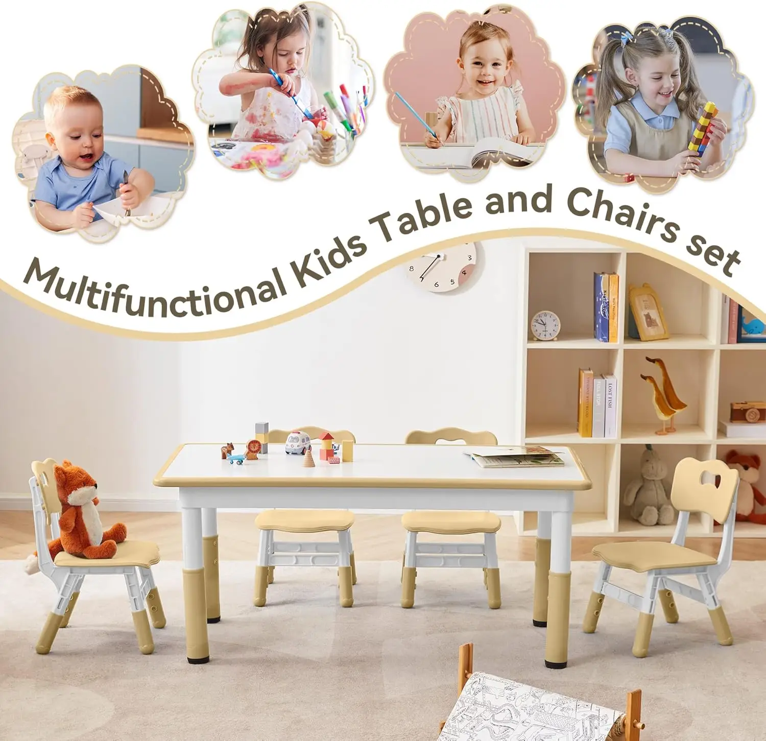 Study Table and Chairs Set, Height Adjustable Toddler Table and Chair Set for Kids Ages 3-8, Graffiti Desktop (Light Brown)