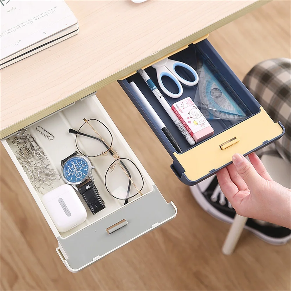 Self-Adhesive Under Desk Storage Box Drawer Cabinet Stationery Pen Holder Under School Office Desk Drawer Organizer Case