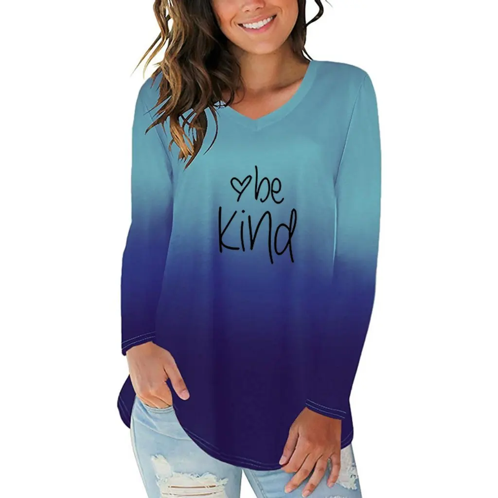 

Women's Gradient Color English Letter Print V-neck T-shirt Long Sleeve Irregular Hem European American Style by