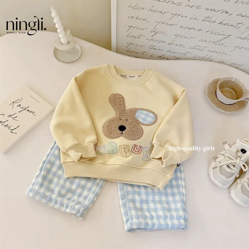 

Autumn and Winter Embroidery Rabbit for Boys and Girls Brushed Hoody Plaid Pants Fashion All-Matching Baby Girl Suit Fashion