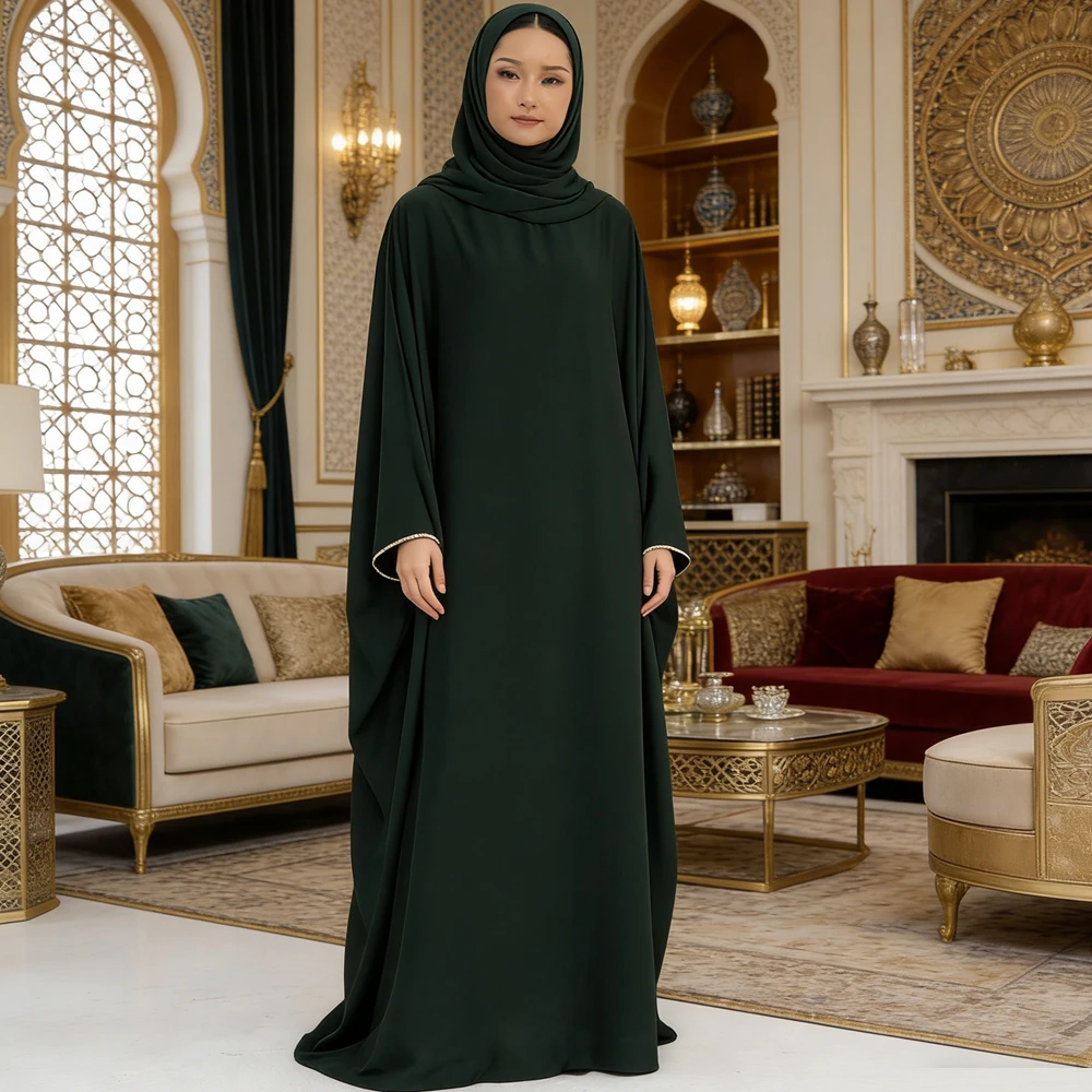 

Ramadan Muslim Women Satin Abaya Batwing Butterfly Jalabiya Eid Djellaba Dubai Kaftan Prayer Dress Turkey Caftan Femme Robe Gown