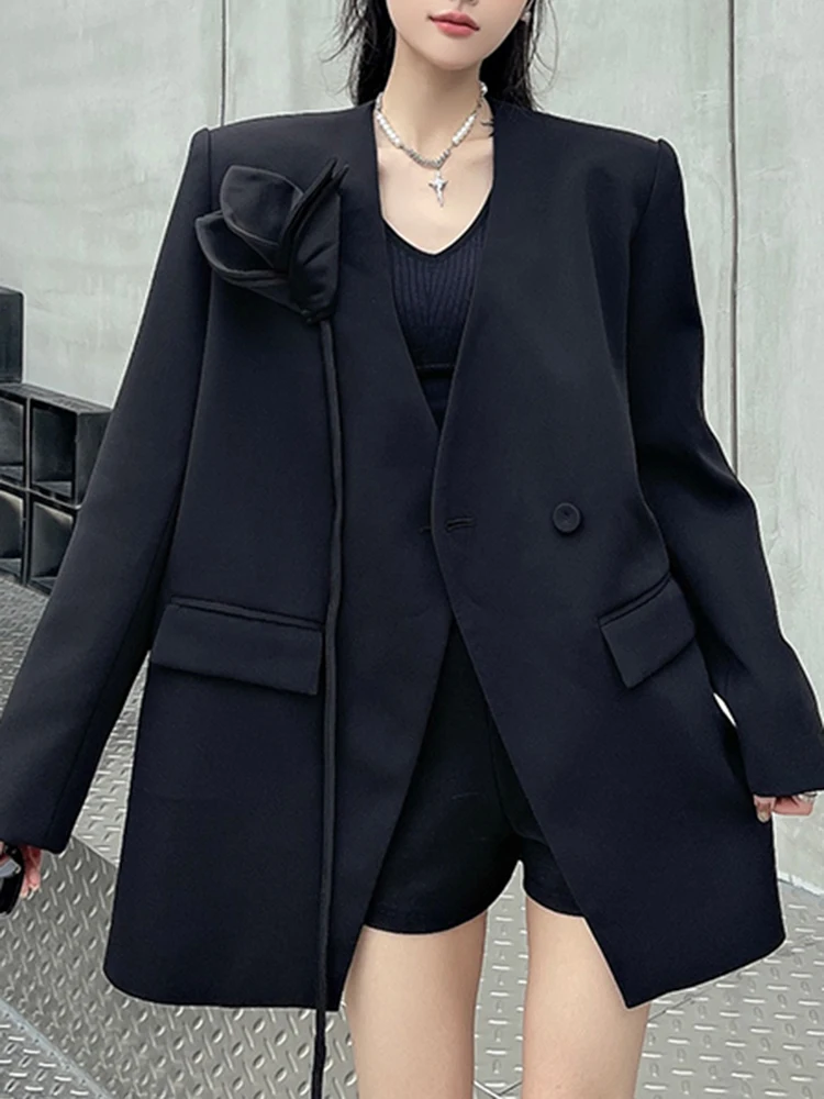 YERMORA ดอกไม้สีดําริบบิ้น Casual Blazer สําหรับผู้หญิง V คอยาวแขนยาวหลวมเสื้อใหม่แฟชั่นฤดูใบไม้ผลิฤดูร้อน 2025