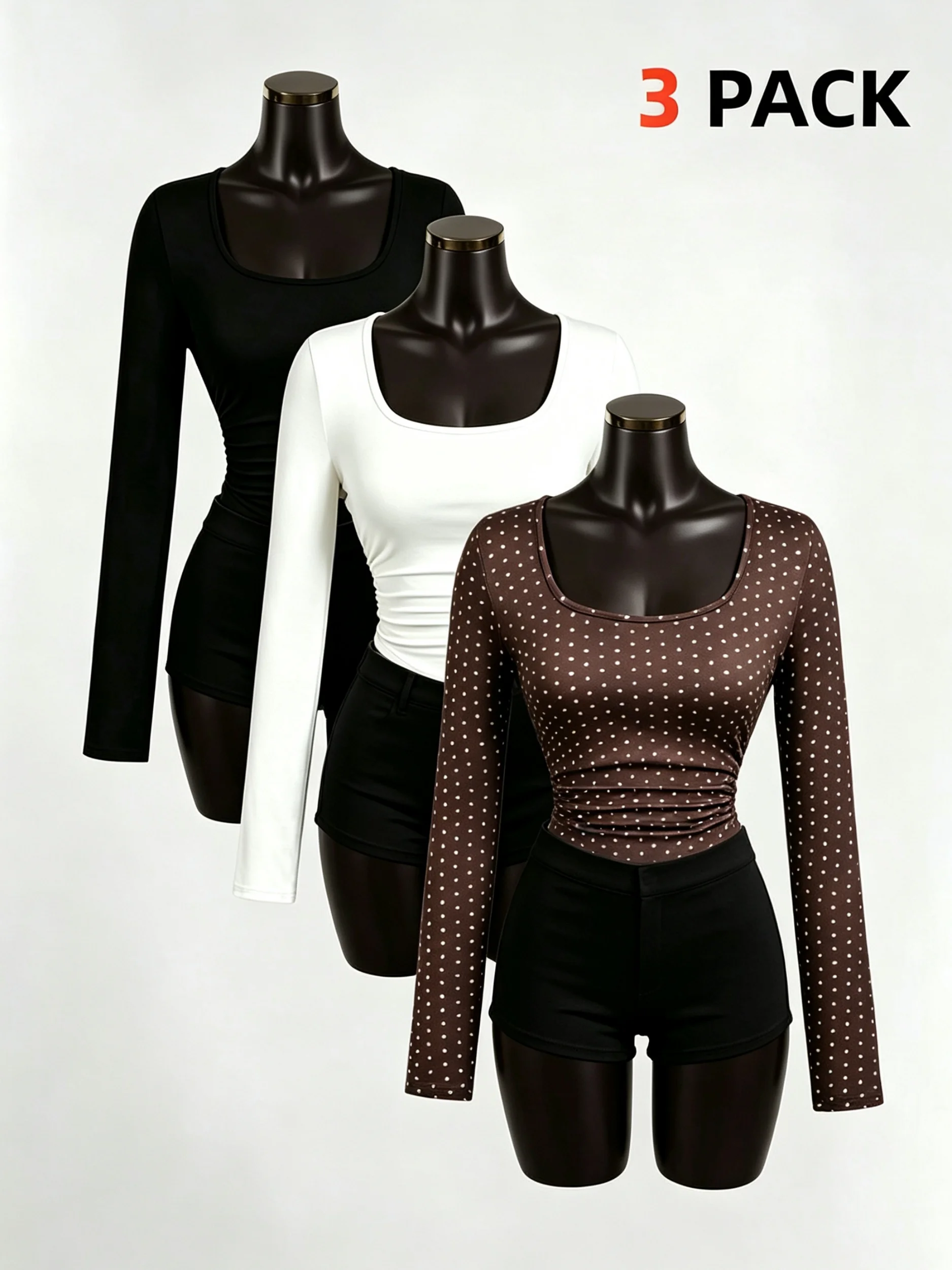 3 Pack Women Square Neck Side Ruched Long Sleeve Top Curved Hem Slim Fit Crop Tee Y2K Sexy Casual Commute Basic Shirt