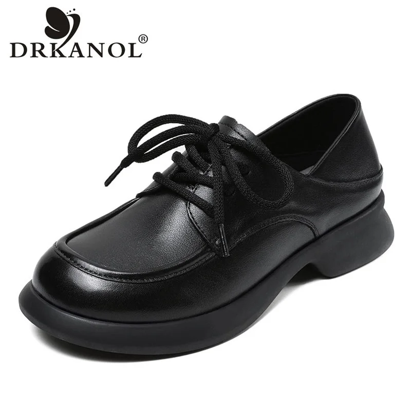 

DRKANOL British Style Women Shoes Quality Genuine Leather Round Toe Lace-Up Thick Heel Casual Retro Style Single Shoes H24A683Z