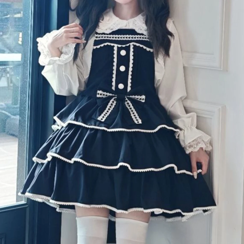 Lolita original doce e fofa saia diária de três camadas com alça bodycon vestido regular ajuste solto fino