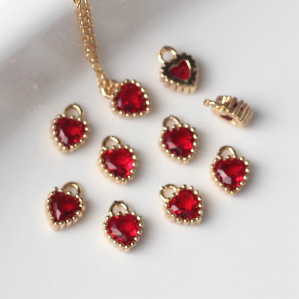 Copper   Plated Inlaid Zircon Mini Red Heart Charms 6pcs/lot 5.2mm For DIY Fashion Jewelry Making Finding Accessories
