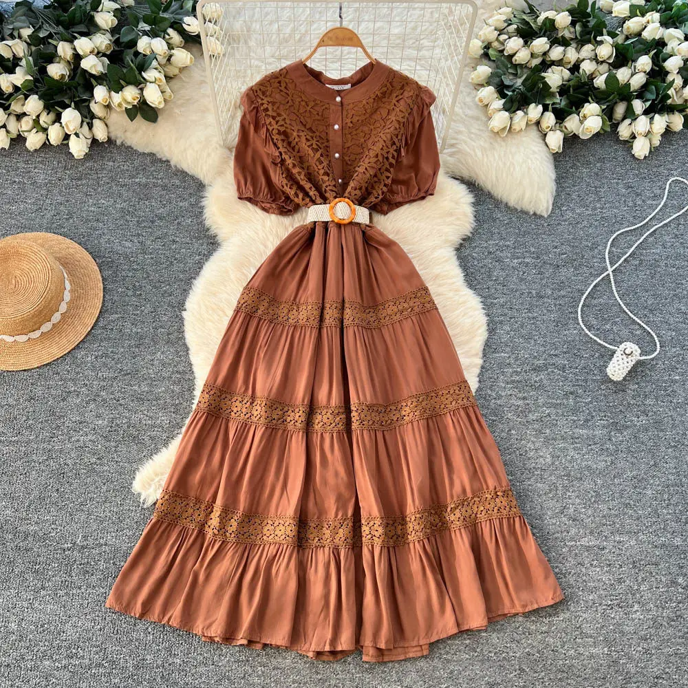 

Women Lace Spliced Dresses A Line Solid Dress Belted Ankle Lenth Short Sleeves Waist Cinch Loose Fit Casual Elegant 2026 Summer