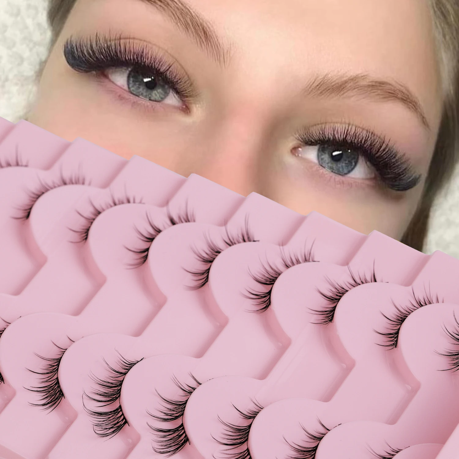 Conjunto de 5 peças de meninas fofas com efeito de camada dupla 3D de cabelos pretos com cílios com efeito delineador natural e grosso