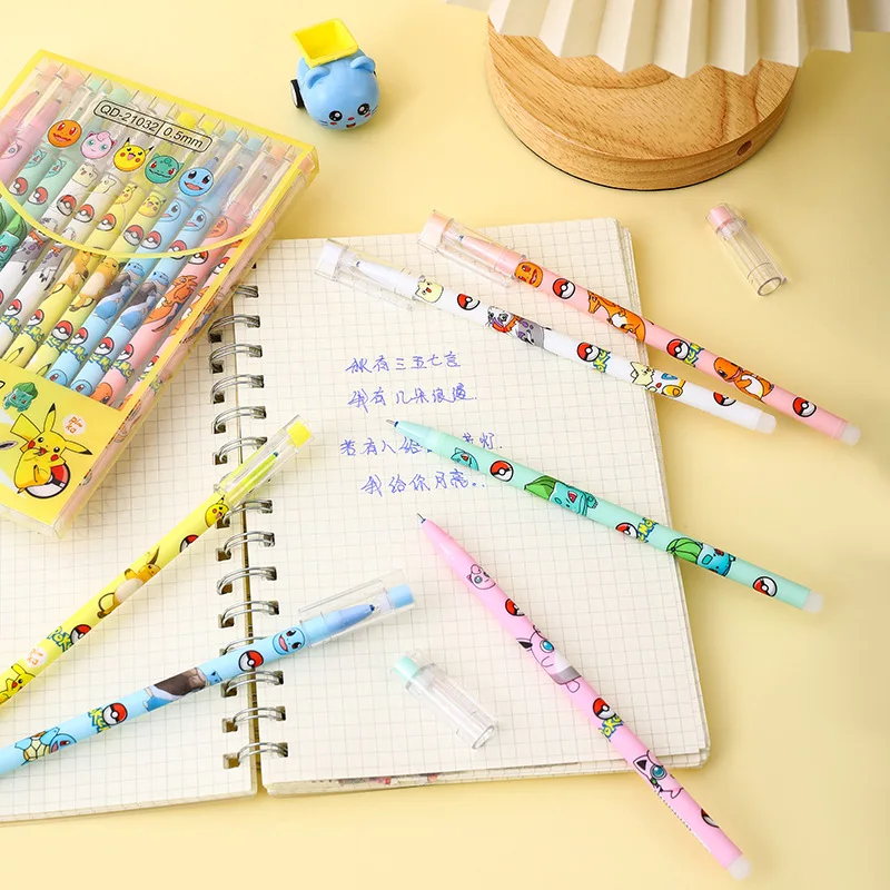 12PCS Pokemon Gel Pen Set Anime Pikachu Cartoon Erasable Writing Signature Pen Student Learning Supplies Stationery for Children